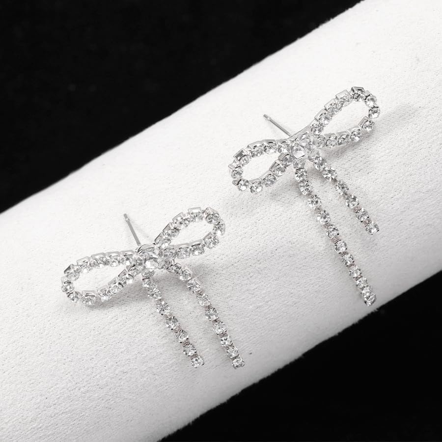 Silver Rhinestone Sparkly Dangle Earrings - Hot Pink, Purple, Blue, Black, Red - Dainty Bow Earrings for Women - Christmas - Image 3