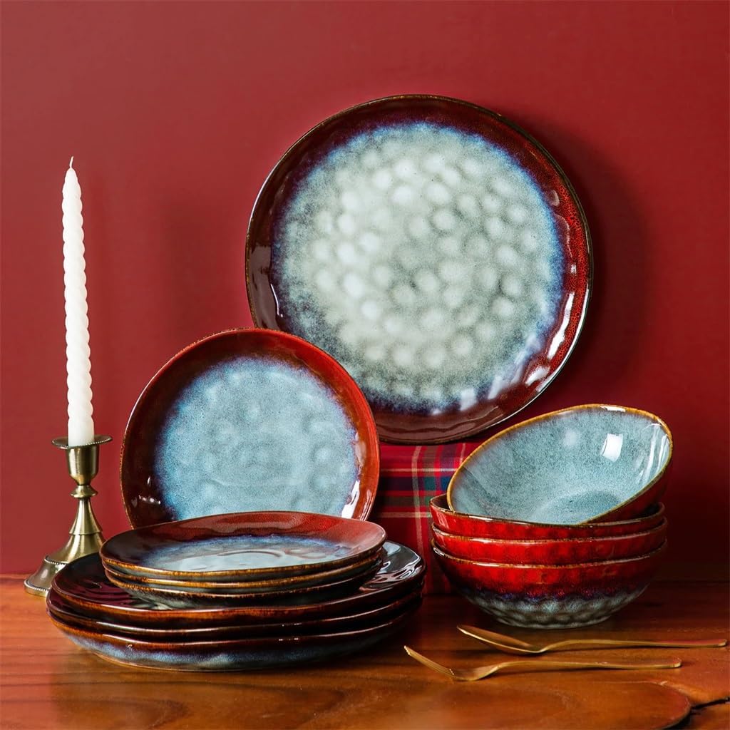 Starry Sky 36 Pieces Set Retro Appearance Ceramic Red Pottery Tableware with Plate Dessert Bowl