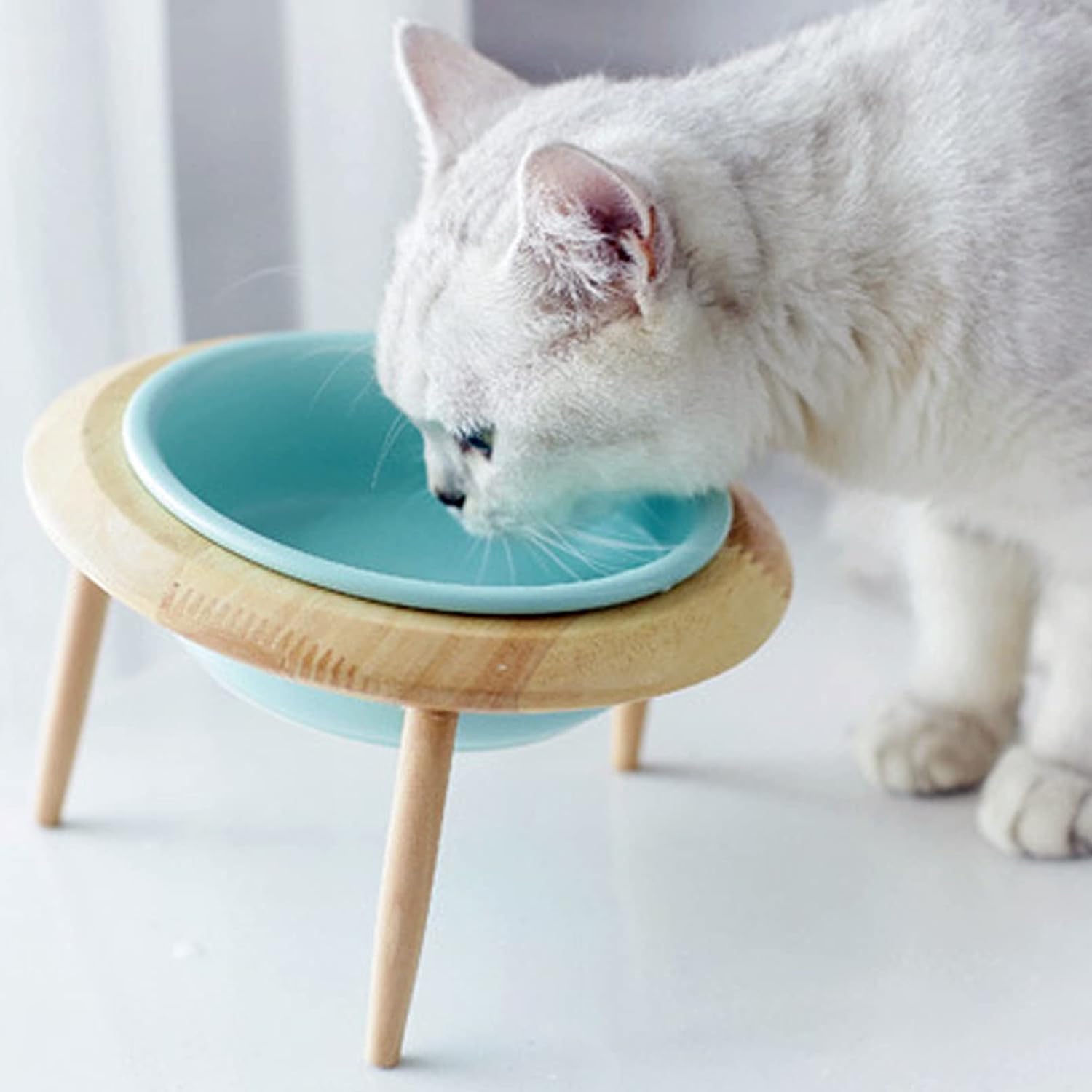 BNOSDM Elevated Ceramic Cat Bowl Adjustable Raised Pet Dish Single Tilted Cat Food Bowls with Wood Stand Cat Water Bowl for Kitten…