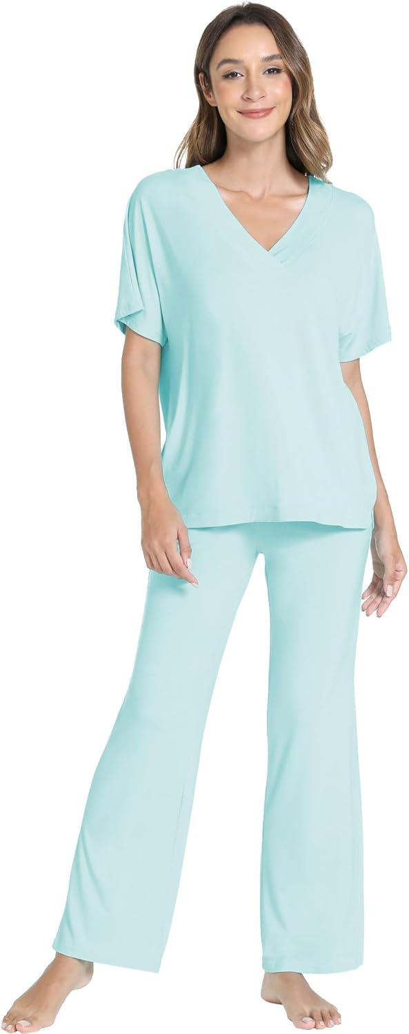 GYS Bamboo Viscose Women's Pajama Sets Short Sleeve V-Neck Sleep Set with Pockets