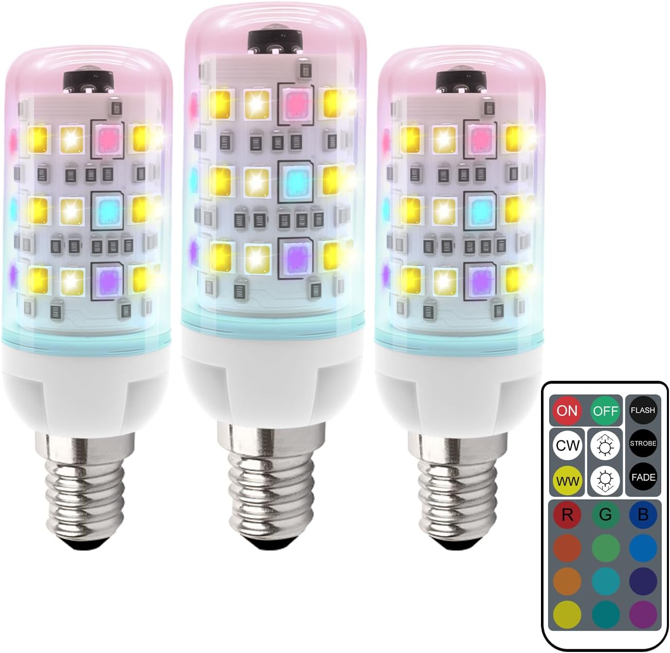 MDee E14 LED Light Bulb Colour Changing Bulb with Remote Control, 2W Small Screw Light Bulbs, E14 Dimmable Bulbs 12 RGB Colors+Warm White 3000K+Cool White 6000K, RGB Bulb for Mood Lighting, 3 Pack