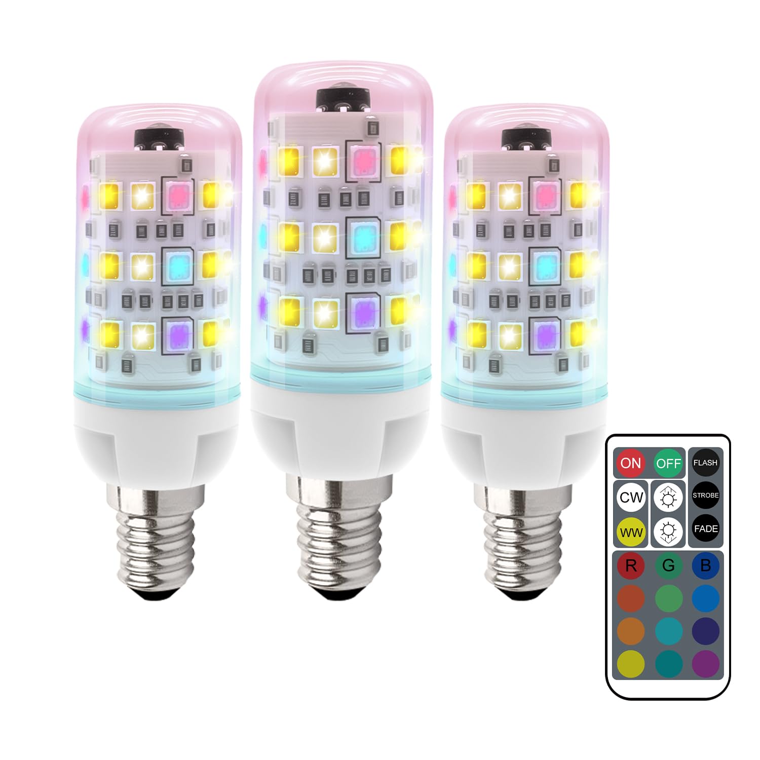 MDee E14 LED Light Bulb Colour Changing Bulb with Remote Control, 2W Small Screw Light Bulbs, E14 Dimmable Bulbs 12 RGB Colors+Warm White 3000K+Cool White 6000K, RGB Bulb for Mood Lighting, 3 Pack