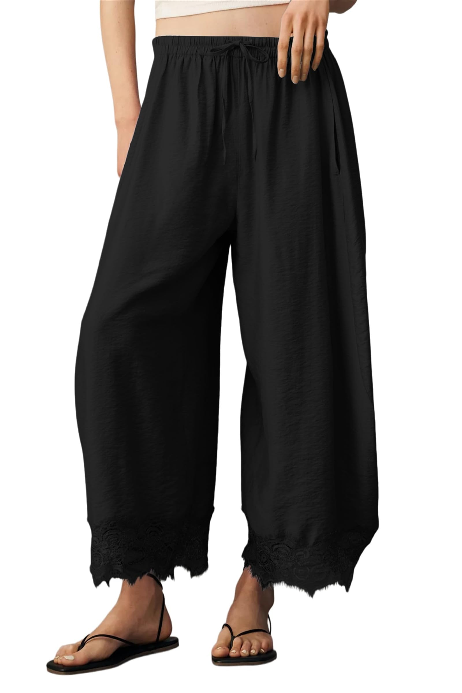 Pantaloni da Donna a Gamba Larga con Bordo in Pizzo, Estivi, Casual, Cropped, con Elastico in Vita e Orlo in Pizzo, Leggeri, Ideali per la Spiaggia e Le Vacanze