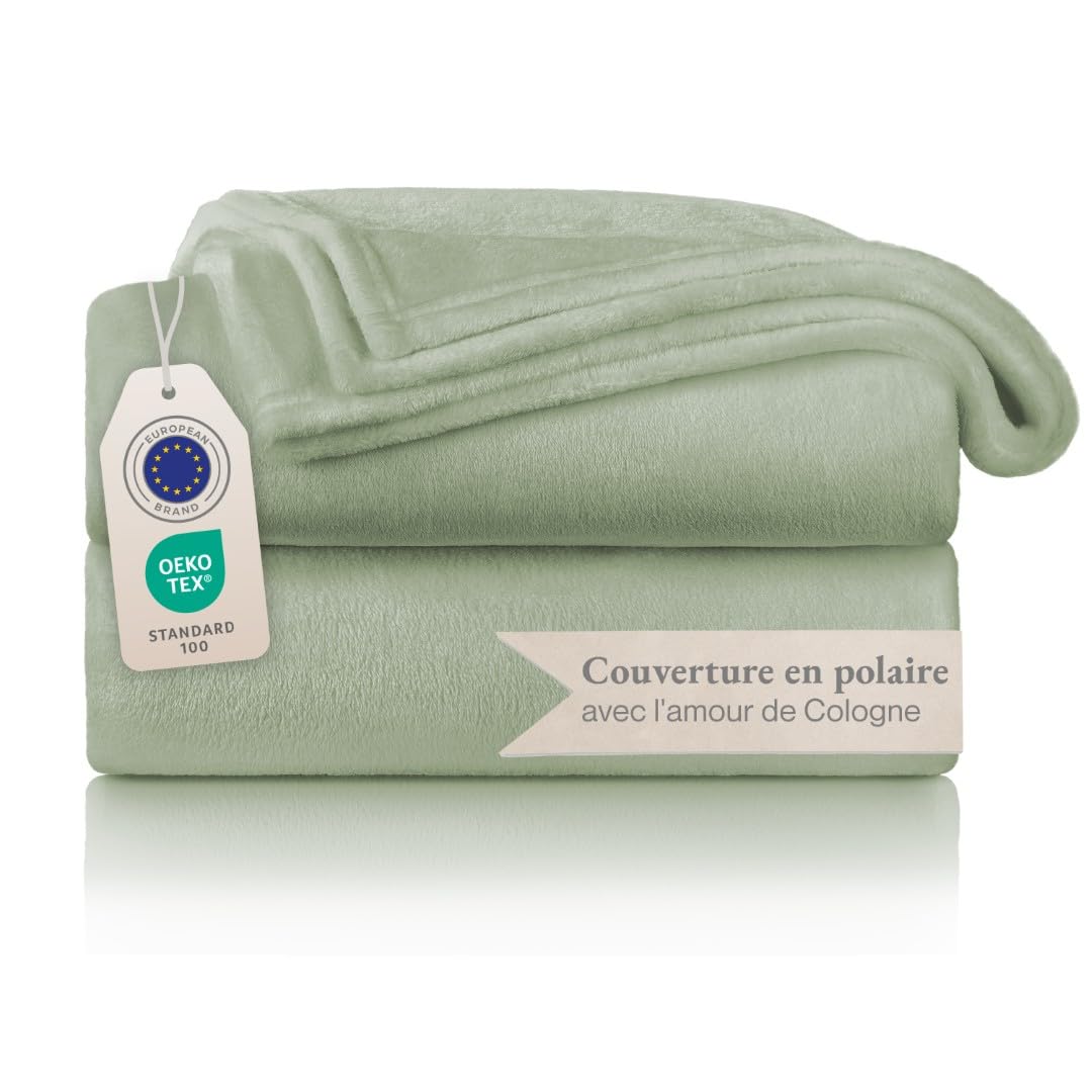 Grand plaid polaire 220x240 couverture de lit d'une douceur premium nuance vert d'ete