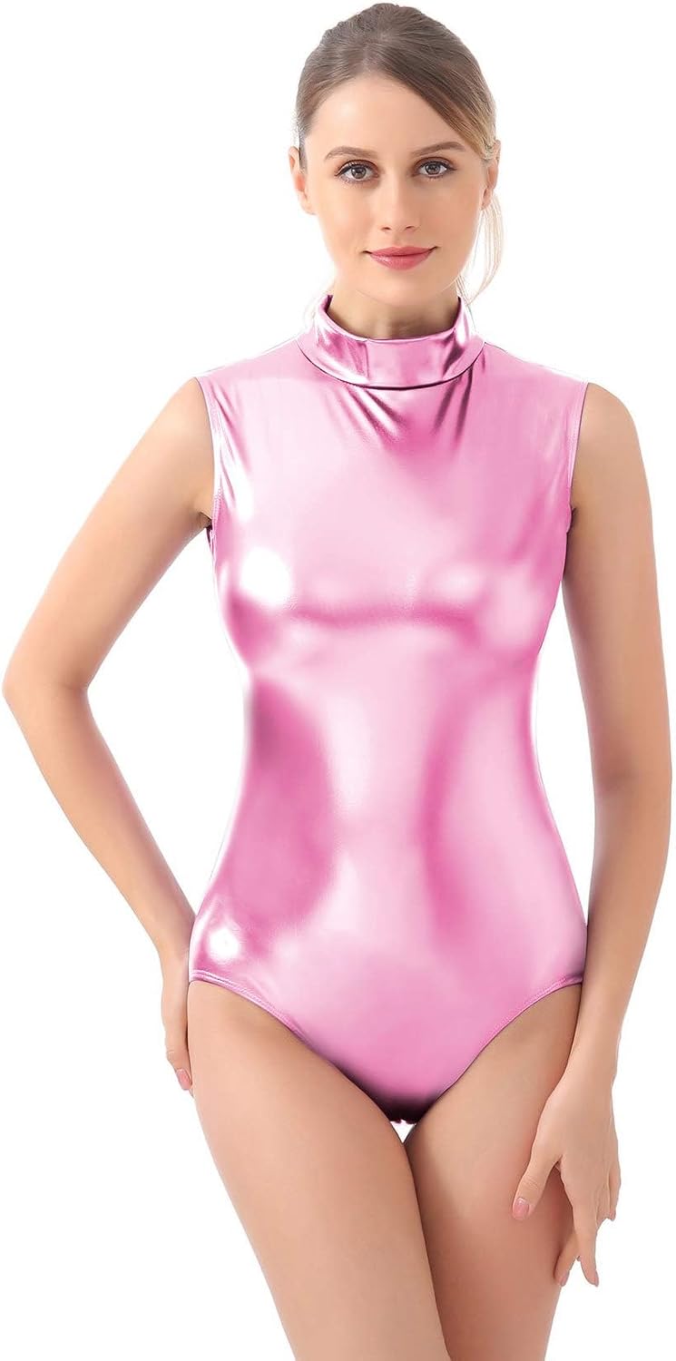 Kepblom Women's Sleeveless Shiny Metallic Leotard Sparkly Turtleneck Bodysuit
