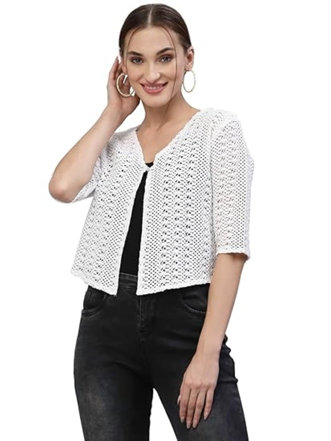 Cotton Shrug for Women | Cotton self Design lace Crop Open Front Shrug I Regular Fit I Girls casual tops-picture-31