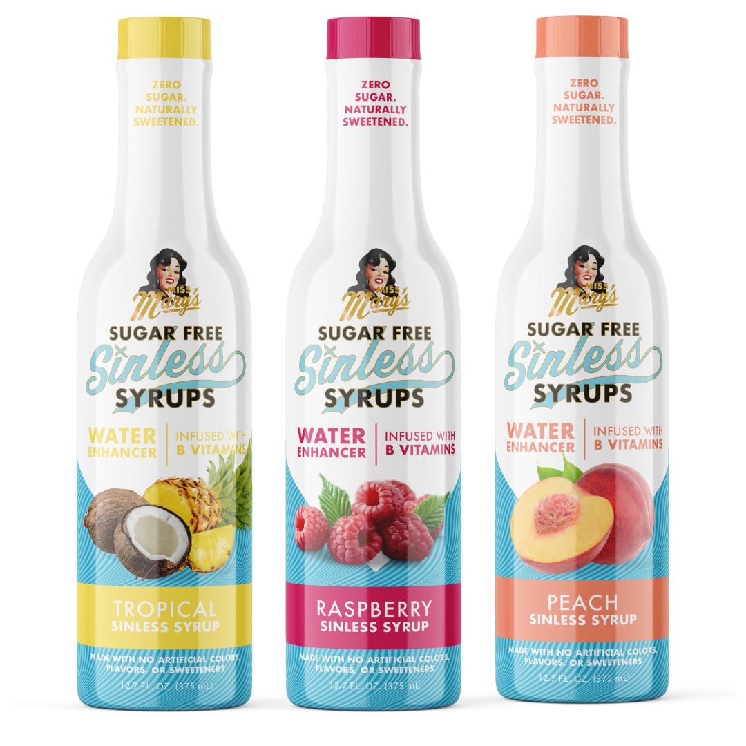Miss Mary’s Sinless Syrups Fruit Collection - Zero Sugar and Calories. Stevia Based, No Sugar Alcohols or Sucralose, No Artificial Sweeteners, Natural Ingredients and made with REAL fruit. Keto Friendly. 3 Pack Includes Raspberry, Peach, and Tropical