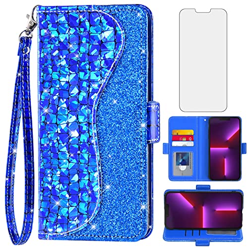 Asuwish Phone Case for iPhone 13 Pro Max 2021 6.7 inch Wallet Cover with Screen Protector and Flip Card Holder Bling Glitter Cell iPhone13promax 5G i Phone13Max Plus iPhone13 ProMax Women Girls Blue
