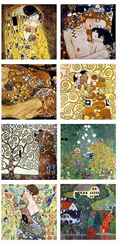 Alonline Art - Tree Life Kiss Woman By Gustav Klimt | Print On 100% Cotton Canvas | Ready To Frame (Rolled) | 12"X12" - 30X30Cm | Set Of 8 Lot | Wall Art Home Decor For Bathroom Or For Toilet | Hd #TOP5