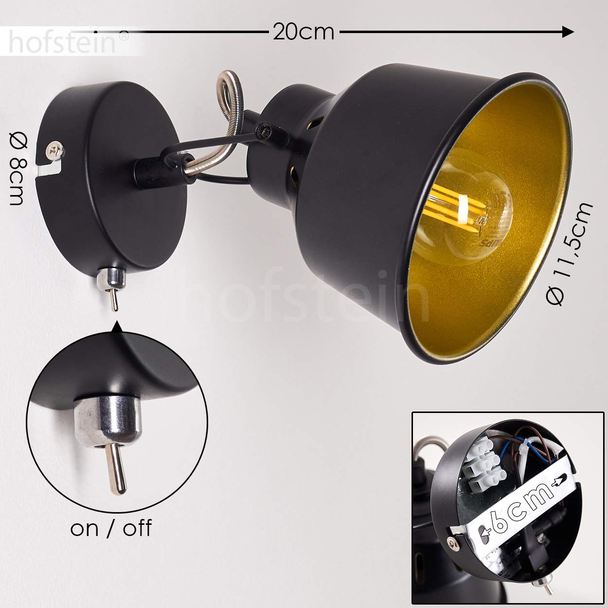 Wandleuchte Safari, verstellbare Wandlampe aus Metall in Schwarz/Gold, 1-flammig, 1 x E14-Fassung, Wandspot im Retro/Vintage Design, ohne Leuchtmittel