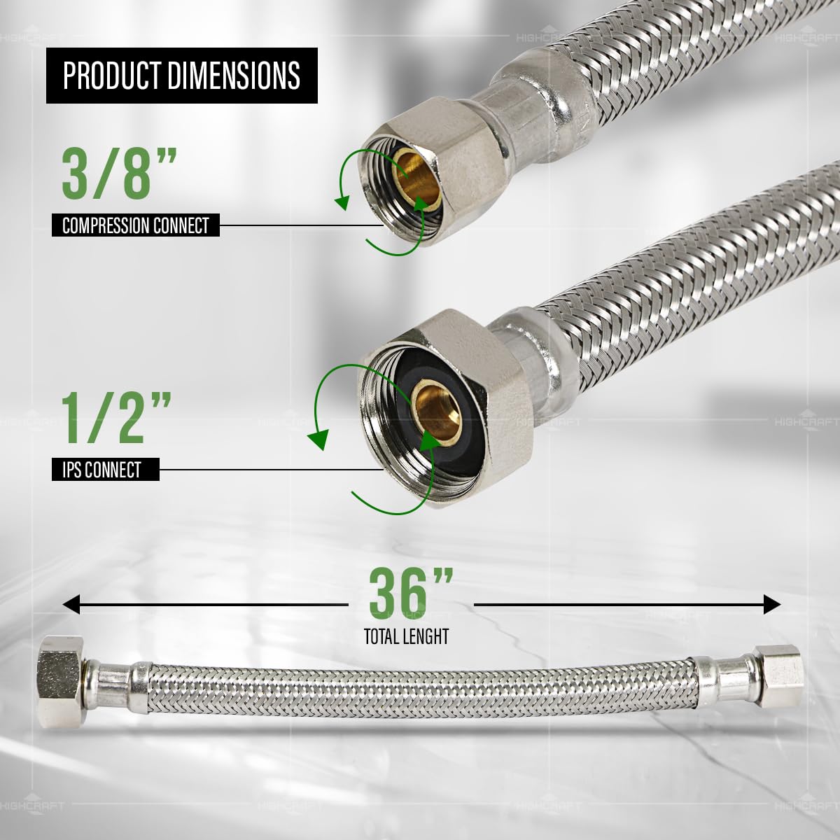 Highcraft 27136-NL-4 - Conector de grifo trenzado, manguera utilizada para líneas de suministro que se conecta a tuerca de latón IPS de 1/2 pulgada x conector hembra de 3/8 pulgadas, acero inoxidable