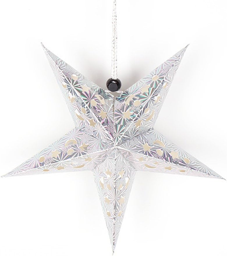 AprilElst Chirstmas Lampshade 3D Hollow Star Shaped Foldable Paper Pentagram Hanging Lantern for Xmas Home Weeding Party Color Light Lamp Ornaments Decoration 45CM Silver