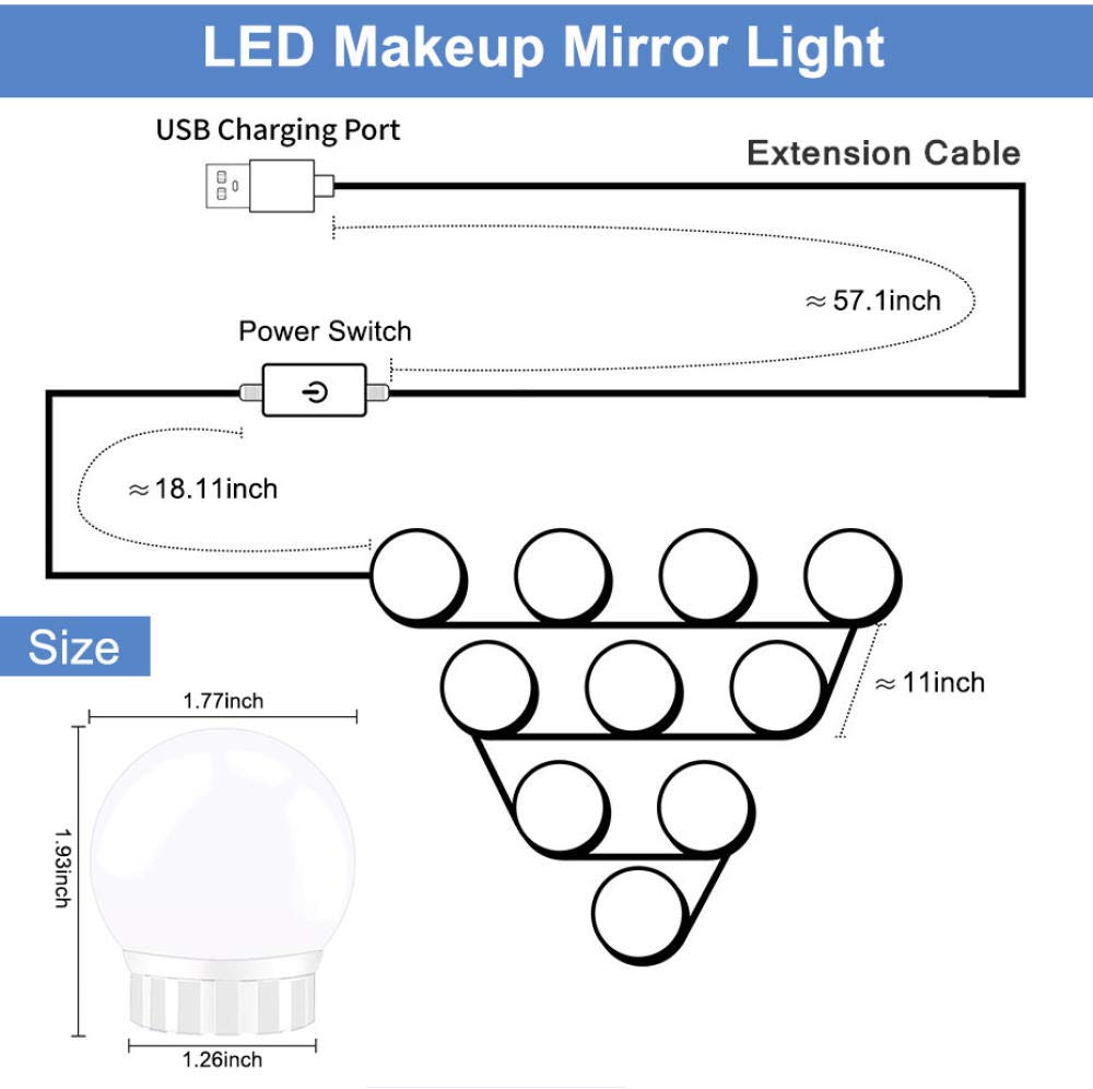 5V LED maquillage de maquillage miroir ampoule maquillage meuble vanité lumières USB lampe murale 2/6 / 10 / 14pcs Dimmable coiffeuse miroir lampe miroir-blanc naturel_Ampoule * 10