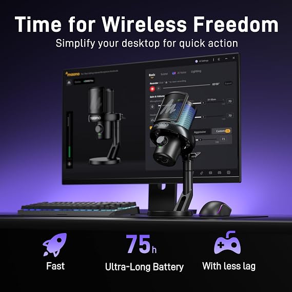 MAONO DM40 Pro AI Wireless Gaming Microphone with Low Profile Boom Arm BA92