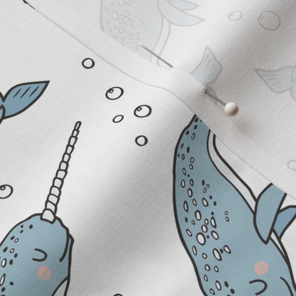 Spoonflower Fabric - Narwhal Blue White Narwhals Nautical Ocean Sea Whales Whale Bubbles Printed on Petal Signature Cotton Fabric by The Yard - Sewing Quilting Apparel Crafts Decor