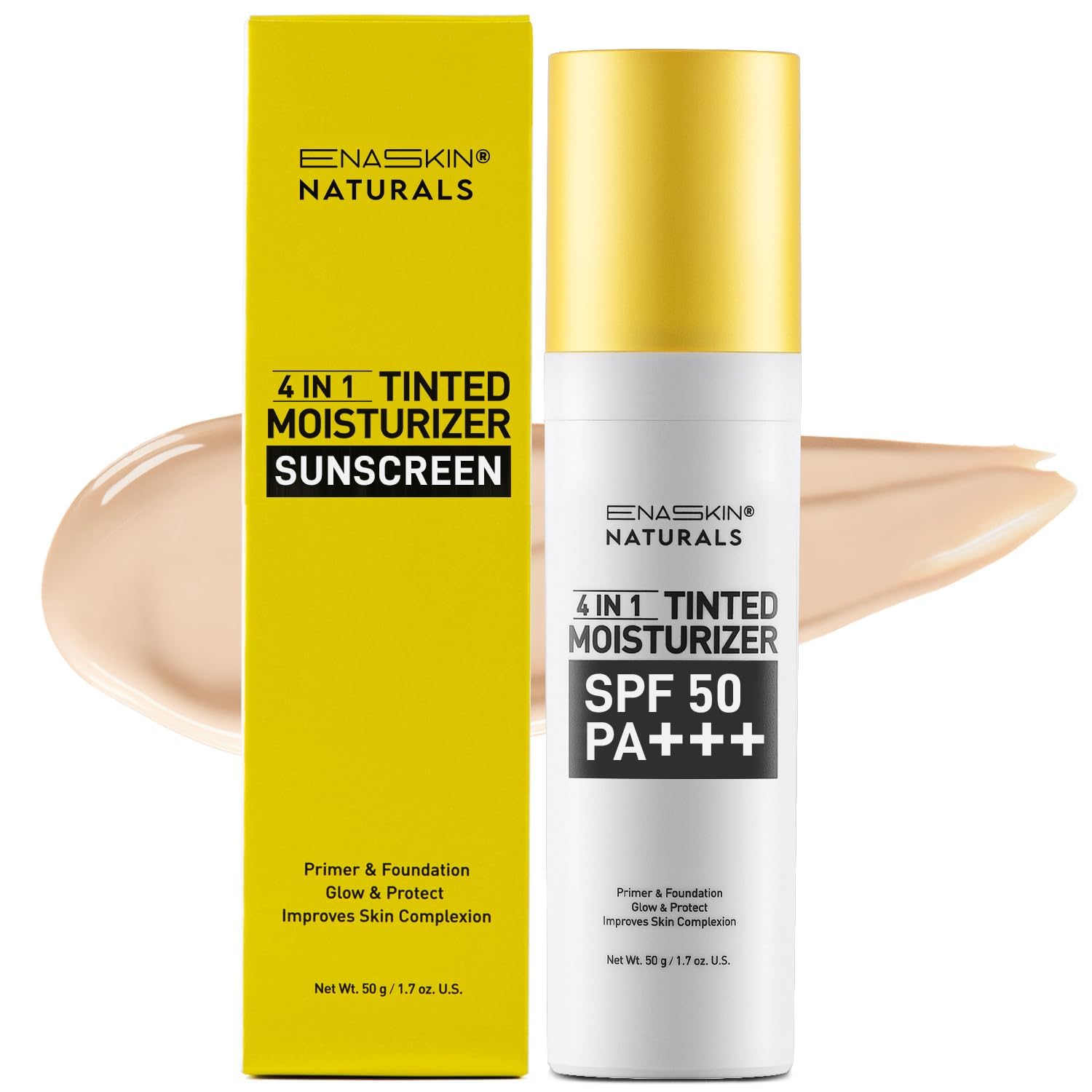 Tinted Moisturizer Sunscreen SPF 50: Enaskin Naturals 4-in-1 Mineral Face Cream with Zinc Oxide – Hydrating & Broad Spectrum UV Protection Makeup for Sensitive Skin, Lightweight, 1.7 oz