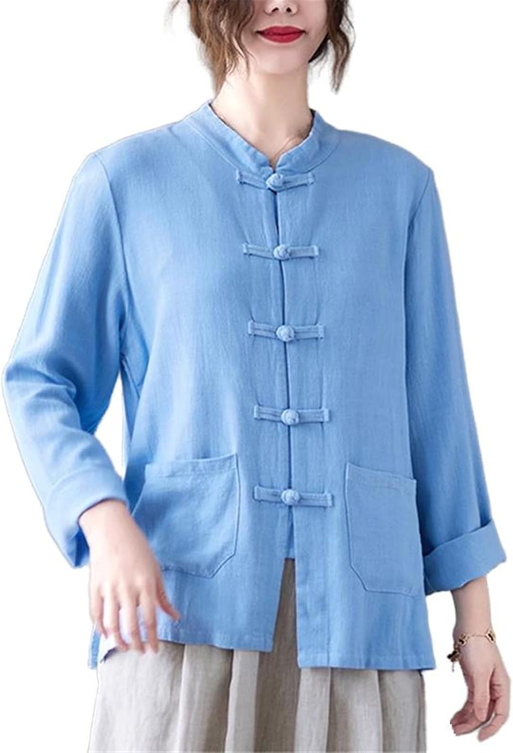 Women's Chinese-Style Tang Suit with Retro Disk Button Shirt-blue01-X-Small