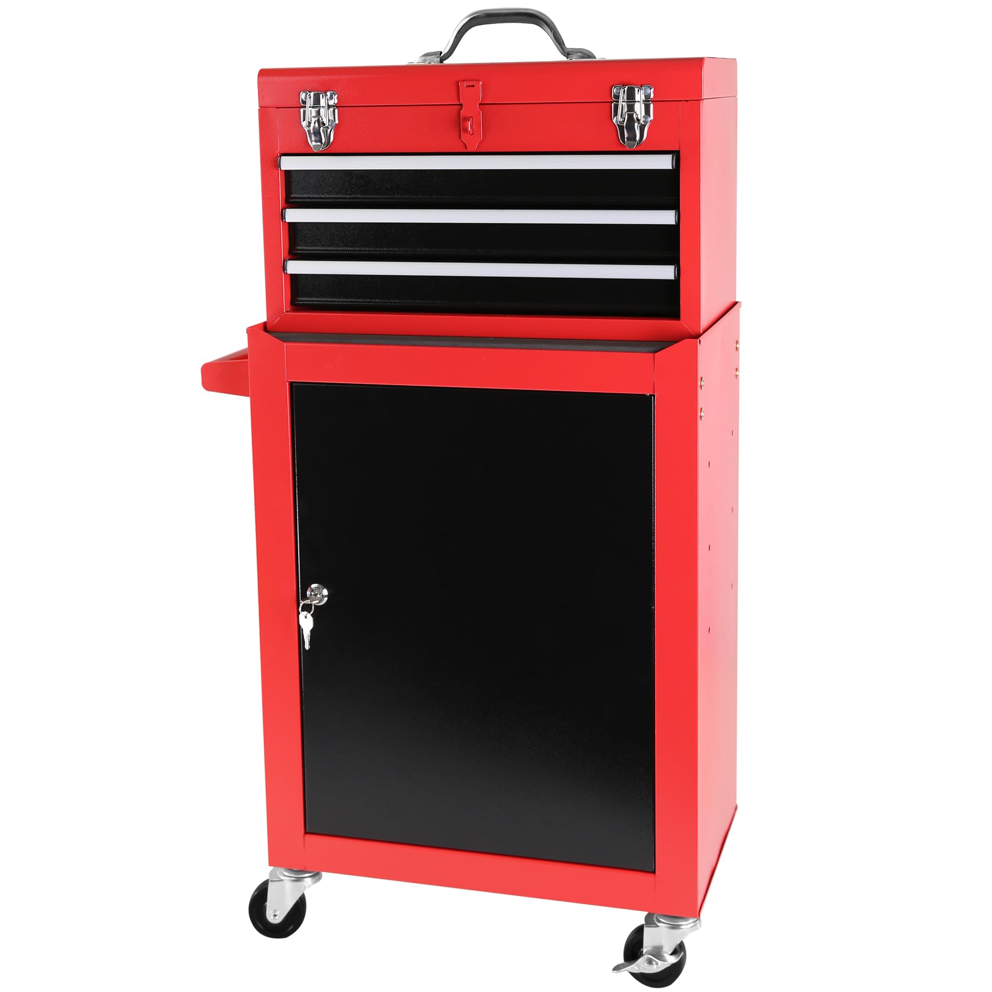 3-Drawer Rolling Tool Chest with Wheels, Tool Chest with Large Storage Cabinet and Adjustable Shelf, Removable Portable Top Box with Locking System Tool Chest for Garage, Warehouse (Red)