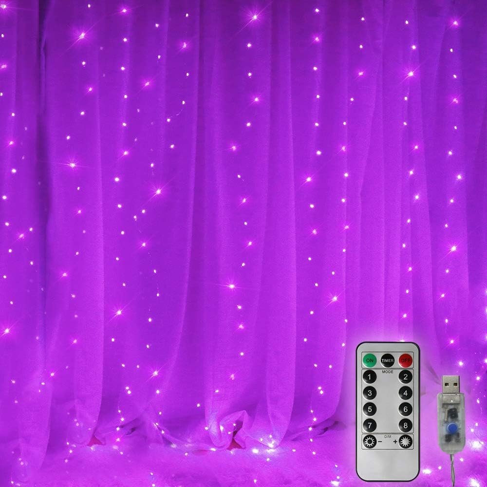 Curtain String Lights Halloween Decor, 300 LED Twinkle Lights with Remote Timer USB Power 8 Modes Purple Fairy Lights for Bedroom Wall, Tapestry, Window, Christmas Decor-9.8ft x 9.8ft(Purple)