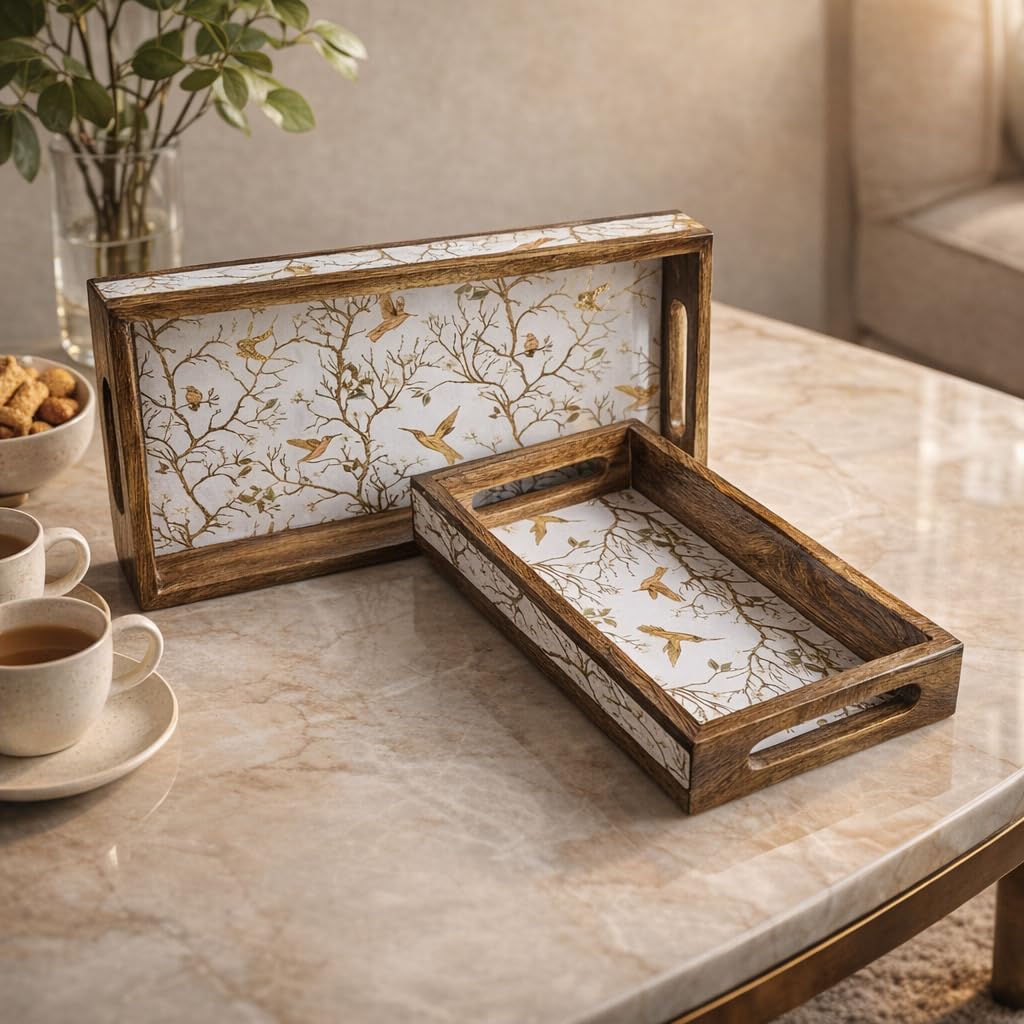Wooden Serving Tray Set - Gold Engraved Design -10