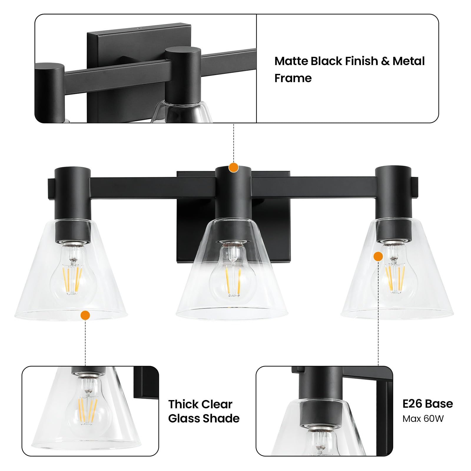 CCYCOL Bathroom Vanity Light Fixtures - 3-Light Black Bathroom Lights Over Mirror with Clear Glass Shade, Modern Vanity Lighting fixtures Matte Black Vanity Lights for Bathroom, Bedroom, Hallway