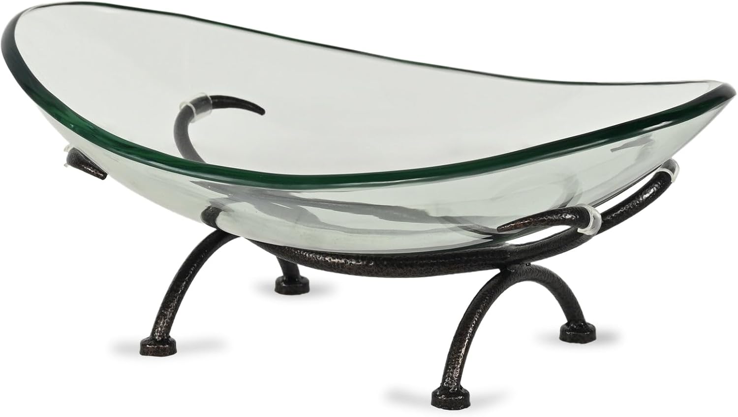 Olivan Tempered Glass Bowl & Metal Stand - Oval 17.25" - Decorative Storage for Living Room, Modern Black Finish