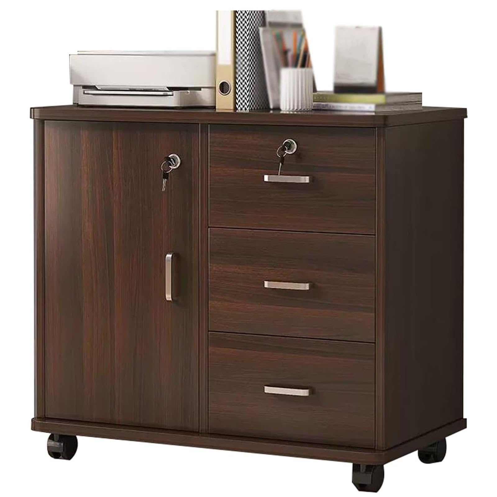 Mobile Filing cabinets, Office Data cabinets, 3-Drawer Vertical Filing cabinets with Doors, sideboards, Drawer cabinets with Universal Wheels, Lockable cabinets, Storage cabinets Brown