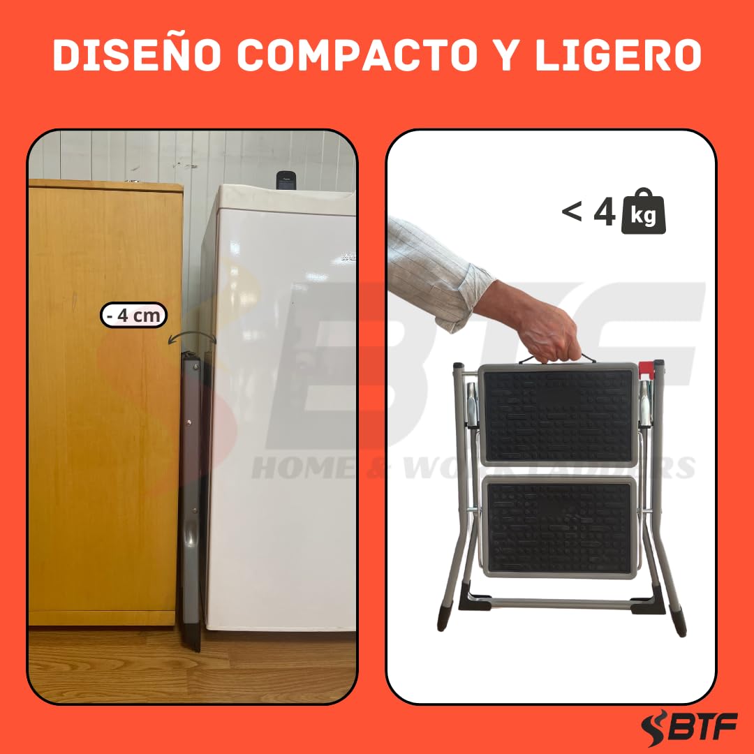 BTF Mini Escalera plegable de 2 Peldaños de 20x30 cm - 20cm de profundo, goma antideslizante y asa de sujetación | Medidas cerrada 49,5x3,6x54,5 cm Certificada GS TüV Rheinland EN14183 Carga de 150 kg