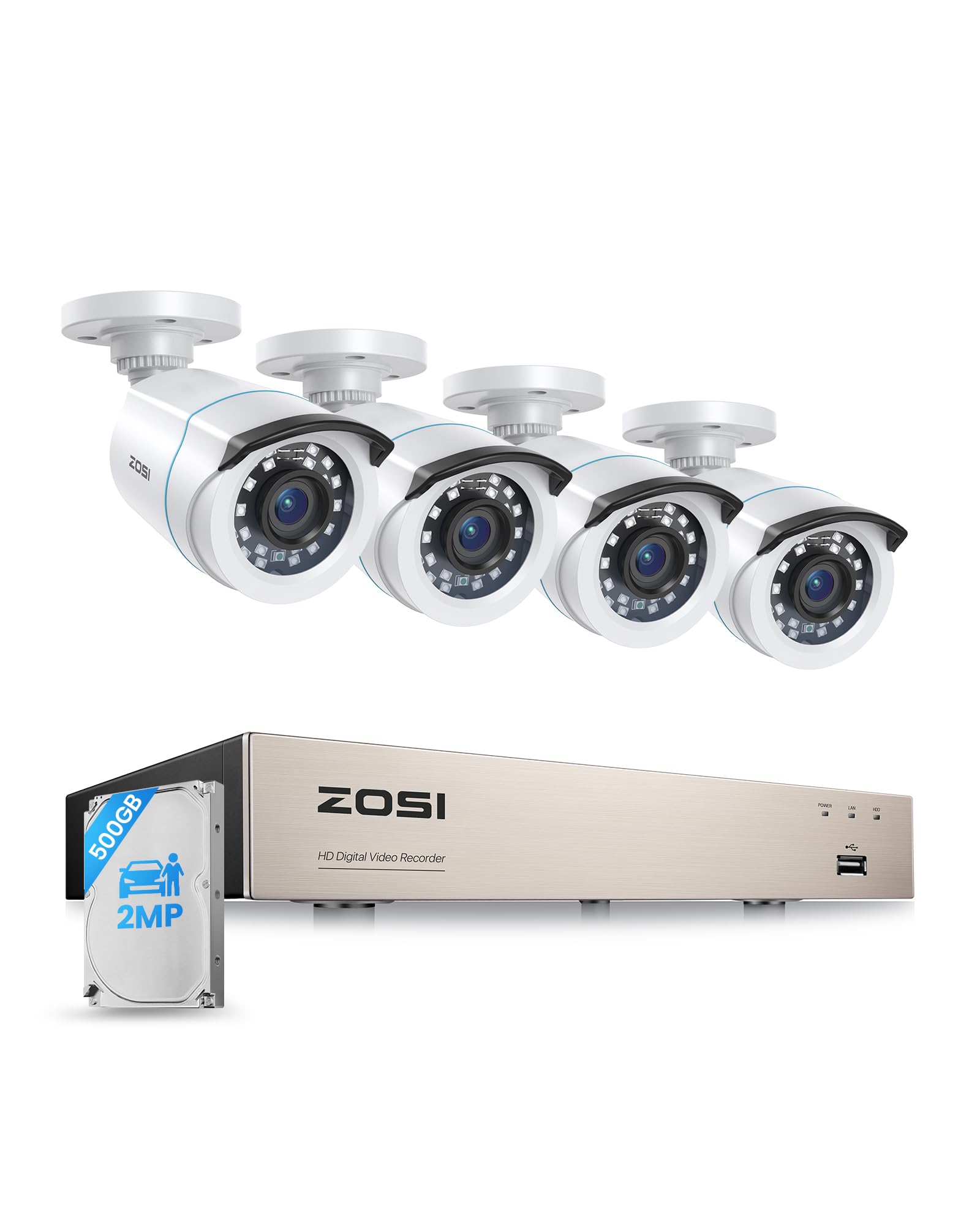 ZOSI 1080P Kit Cámaras de Vigilancia 4 Cámara Seguridad Cableada Interior/Exterior con 8CH 2MP DVR Sistema CCTV 500GB Disco Duro para Hogar y Negocio, Detección y Alarma de Personas, Visión Nocturna