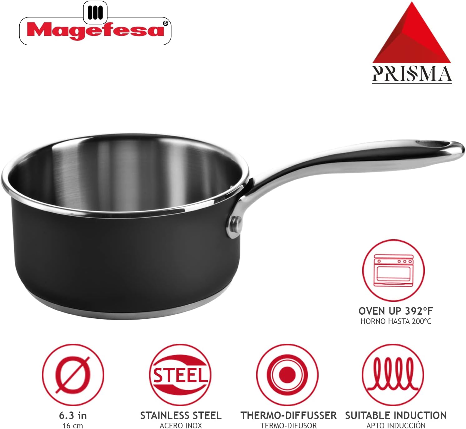 MAGEFESA Prisma 6.3-Inch Stainless Steel Saucepan, Compatible with All Types of Stovetops, Dishwasher Safe & Oven Safe up to 392°F