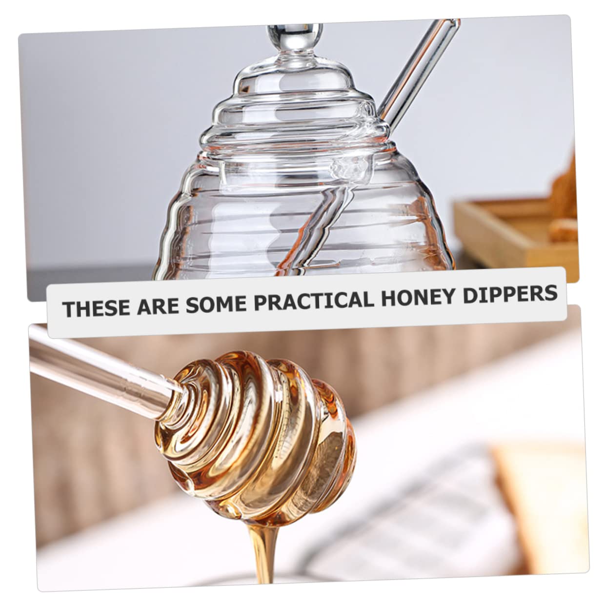 BEBEMOKO 2pcs Honey Stirrer Honey Pot Sticks Sticks Kitchen Bee Accessories Transparent Honey Dippers Honey Dispenser Spoon Honey Dispense Drizzle Glass re-usable