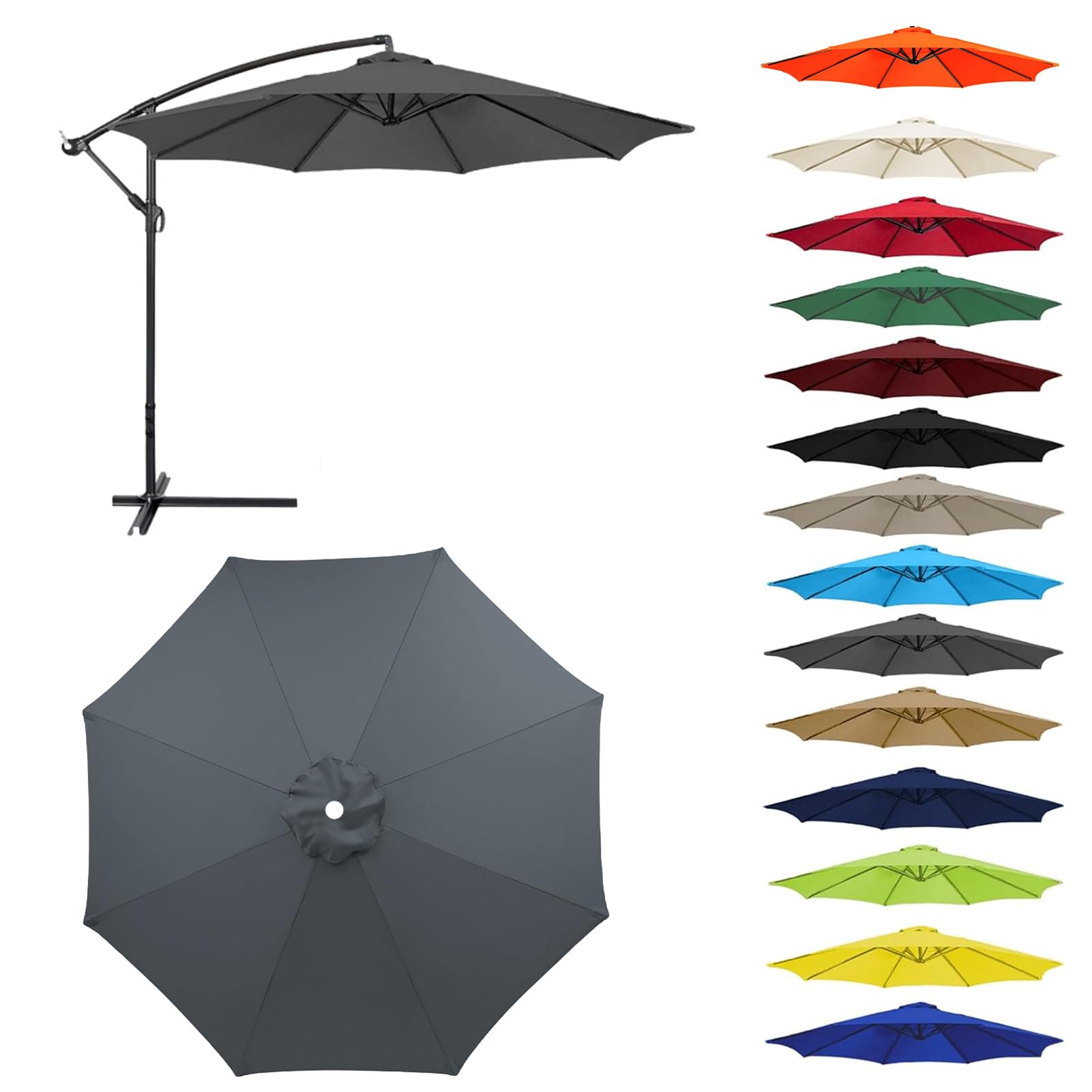 HonunGron Auvent De Remplacement pour Parasol 2,0/2,3/2,5/2,7m/3,0m, 6 Baleines/8 Baleines Toile De Parasol Déporté Remplacement pour Cour,Jardin,Plage, Protection UV 50+ (3.0m-8 Ribs,Gris) - 2