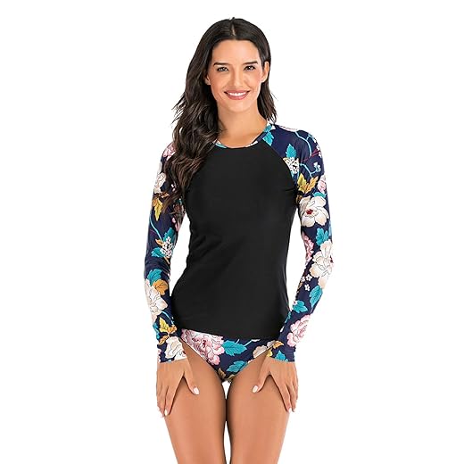 FEOYA Maiô feminino de manga comprida com proteção solar UV Rash Guard, duas peças, estampado, para surfe