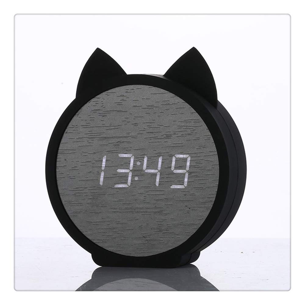 Reloj De Alarma Reloj De Madera para Niños Gato Lindo De Silicona Reloj De Madera Electrónico Calendario De Dibujos Animados Control De Voz, 11.8 cm