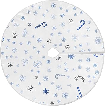 Snowflakes and Candy Canes Christmas Tree Skirt - 35.4in Round Soft Plush Mat for Holiday Indoor Outdoor Tree Decor