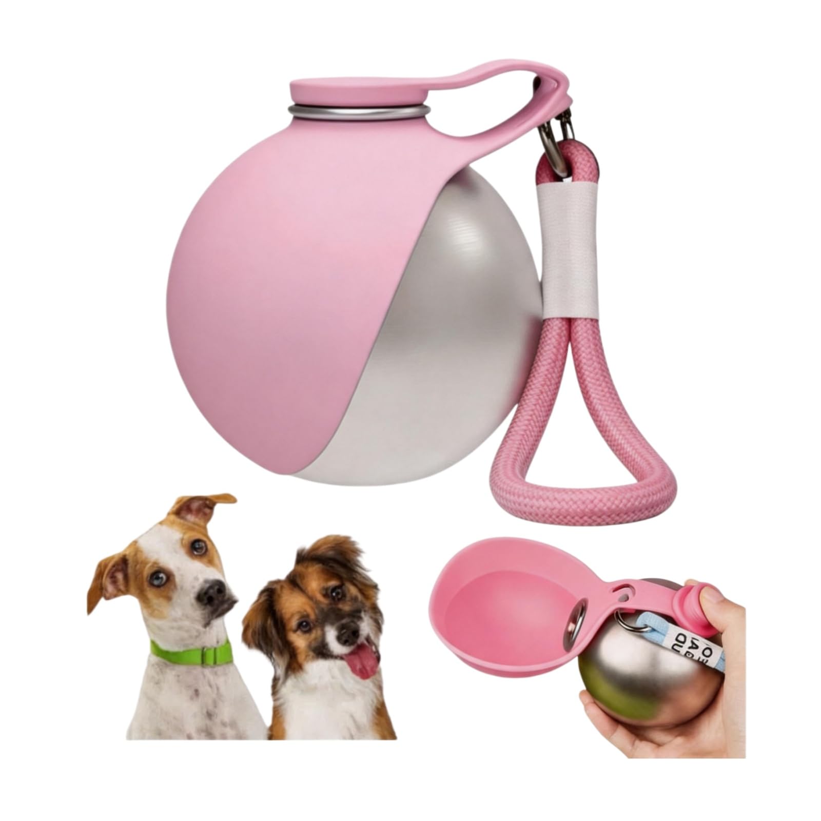 2 in 1 Portable Dog Water Bottle, Pink Pet Water Bottle with Foldable Silicone Bowl Stainless Steel Dog Travel Water Bottle for Outdoor Walking Hiking Travels