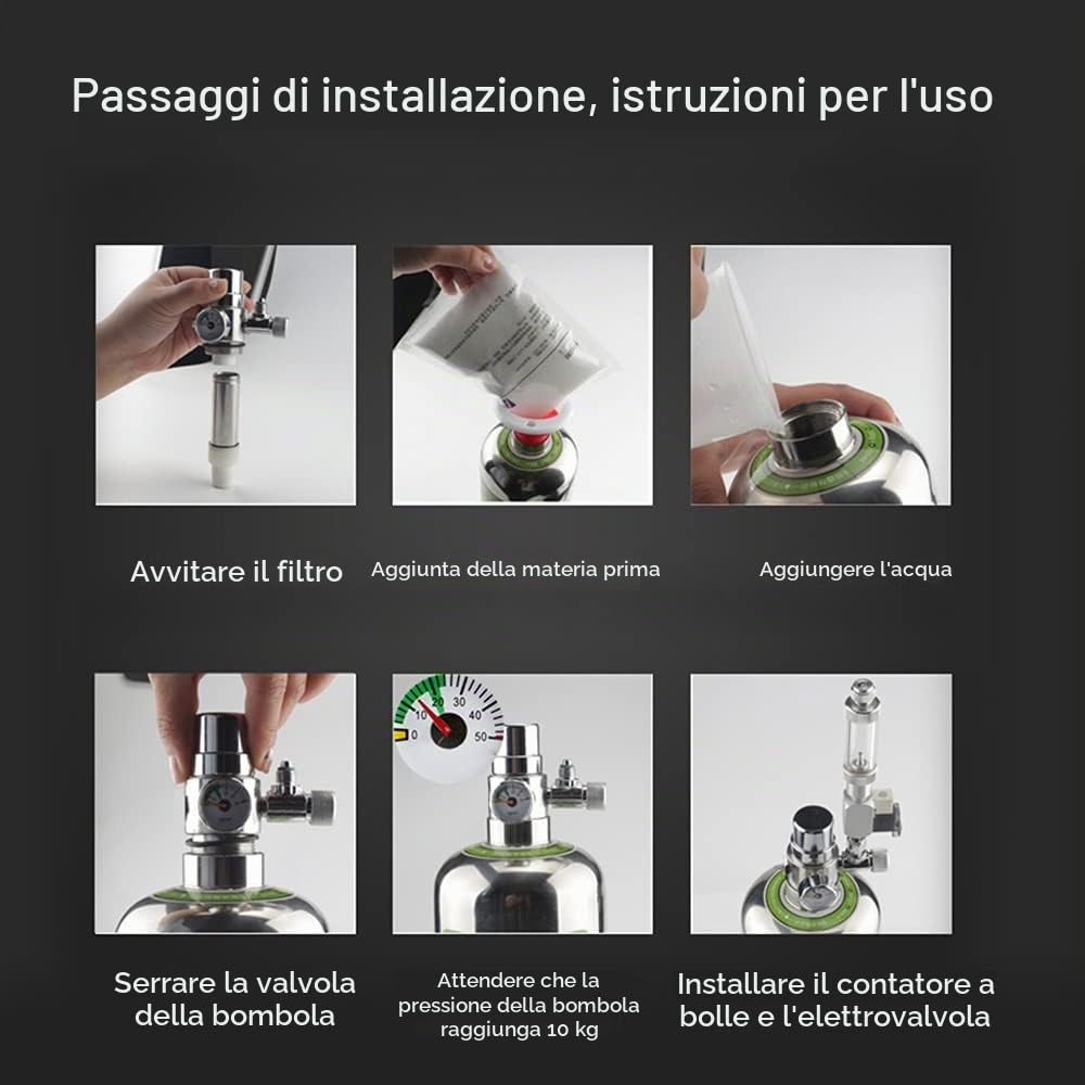 Kit generatore di CO2 da 5 l per Doppio Acquario, generatore di CO2 in Acciaio Inox con valvola a solenoide, diffusore di Bolle, Kit reattore anidride carbonica per acquari vegetali