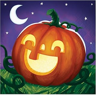 Party Creations Halloween Pumpkin Party Napkins - 32 Count | 2 packs of 16CT Beverage Napkins | Smiling Pumpkins Jack-O-Lantern Design in Orange and Purple, 5' x 5'