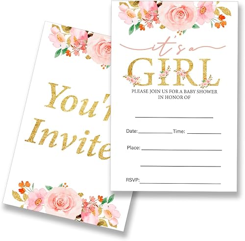 Miniatura 1 de EUDOSI It's a Girl Baby Shower Invitations Supplies - Juego de 20 tarjetas de invitación para baby shower, con sobres, color rosa rubor floral para
