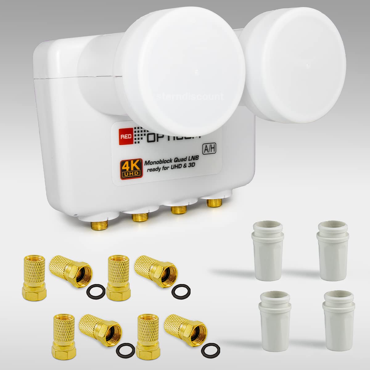 Opticum Monoblock Quad LNB LMQP für 4 Teilnehmer, 2 Satelliten Astra 19.2 + Hotbird 13 Empfang - digital Doppel Sat LMB Kopf Mono-Block 0.1dB Full HD, 4K, 8K, UHD + 8 F-Stecker gratis Sterndiscount