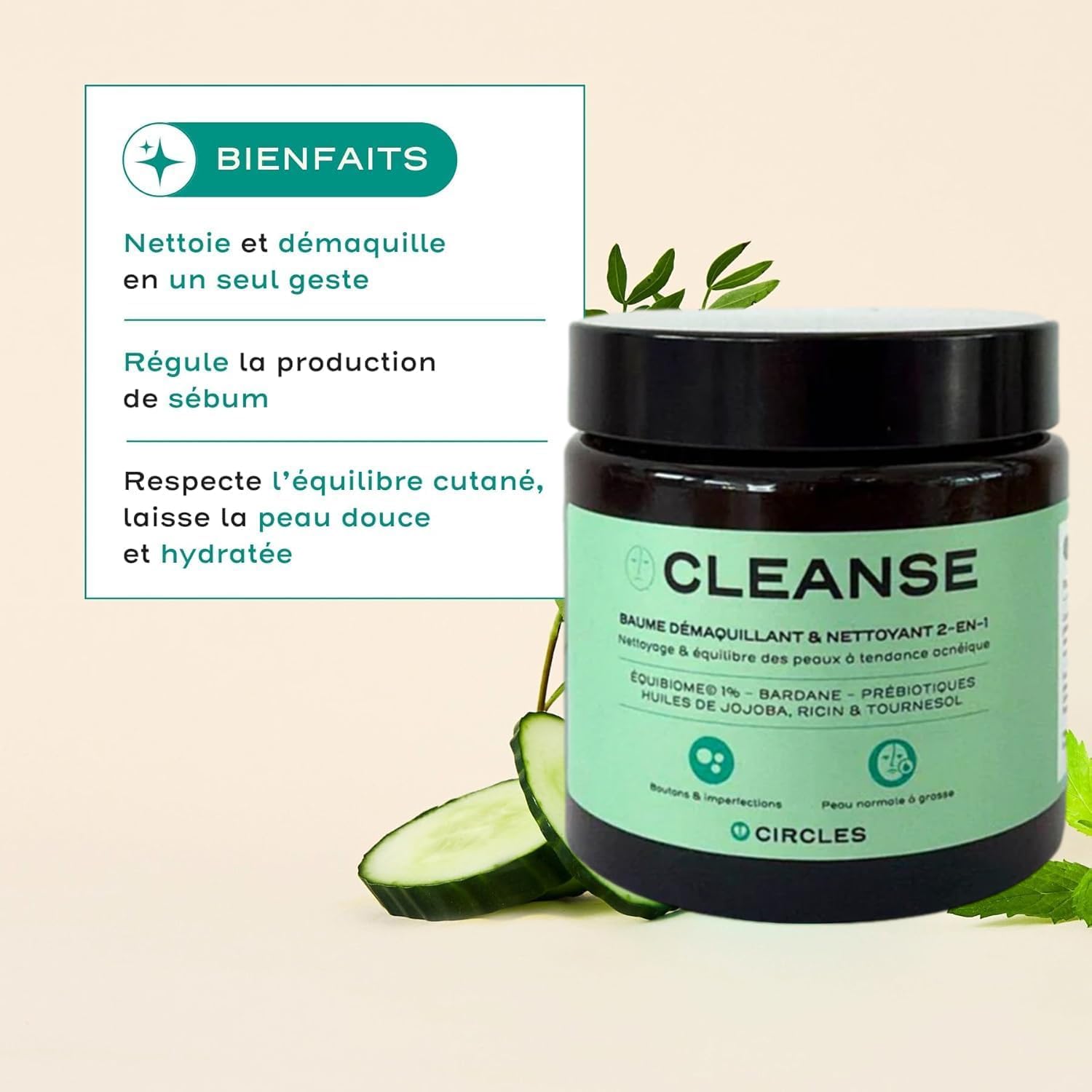 Circles CLEANSE Struccante e Detergente Viso Balsamo in Olio, Pelle Grassa e a Tendenza Acneica, Rimuove Trucco SPF e Impurita, Non Comedogeno, Vegano 100 ml Made in France