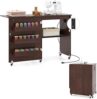 DORTALA Folding Sewing Table with Charging Station, Rolling Craft Station with 3 Storage Bins & Open Shelf, Mobile Sewing Machine Desk with Lockable Wheels for Home, Small Spaces (Brown)