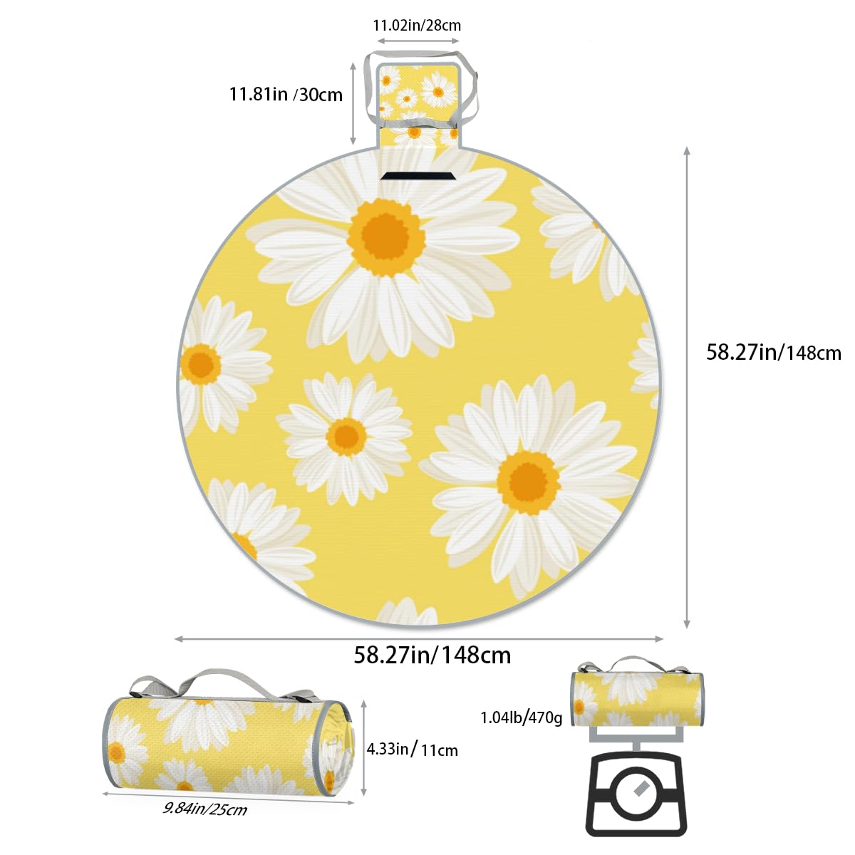 Shimoshe Yellow Background Daisies Picnic Outdoor Blanket Foldable Waterproof Sandproof Beach Blanket Portable Water-Resistant Round Picnic Mat for Travel Camping Park Lawn