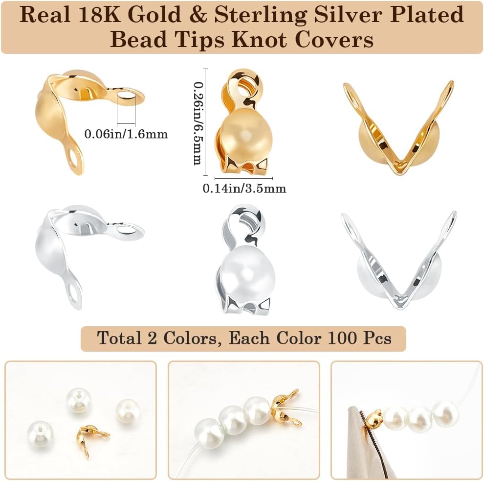 Beebeecraft 1 Box 200Pcs Bead Tips Knot Covers 18K Gold & 925 Sterling Silver Plated Brass 7mm Fold-Over Bead Tips Small Hole End Caps for DIY Bracelets Knots Crimp Findings Jewelry Making - Image 2