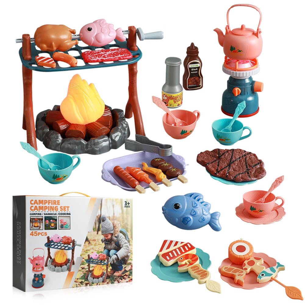 Pretend Play Campfire Toy Set with 45pcs Realistic BBQ Accessories,Fake Grill Foods,Tea Pots etc,Simulate Functional Lights&Sounds,Educational Camping Toys Indoor Outdoor for Kids Ages 3+