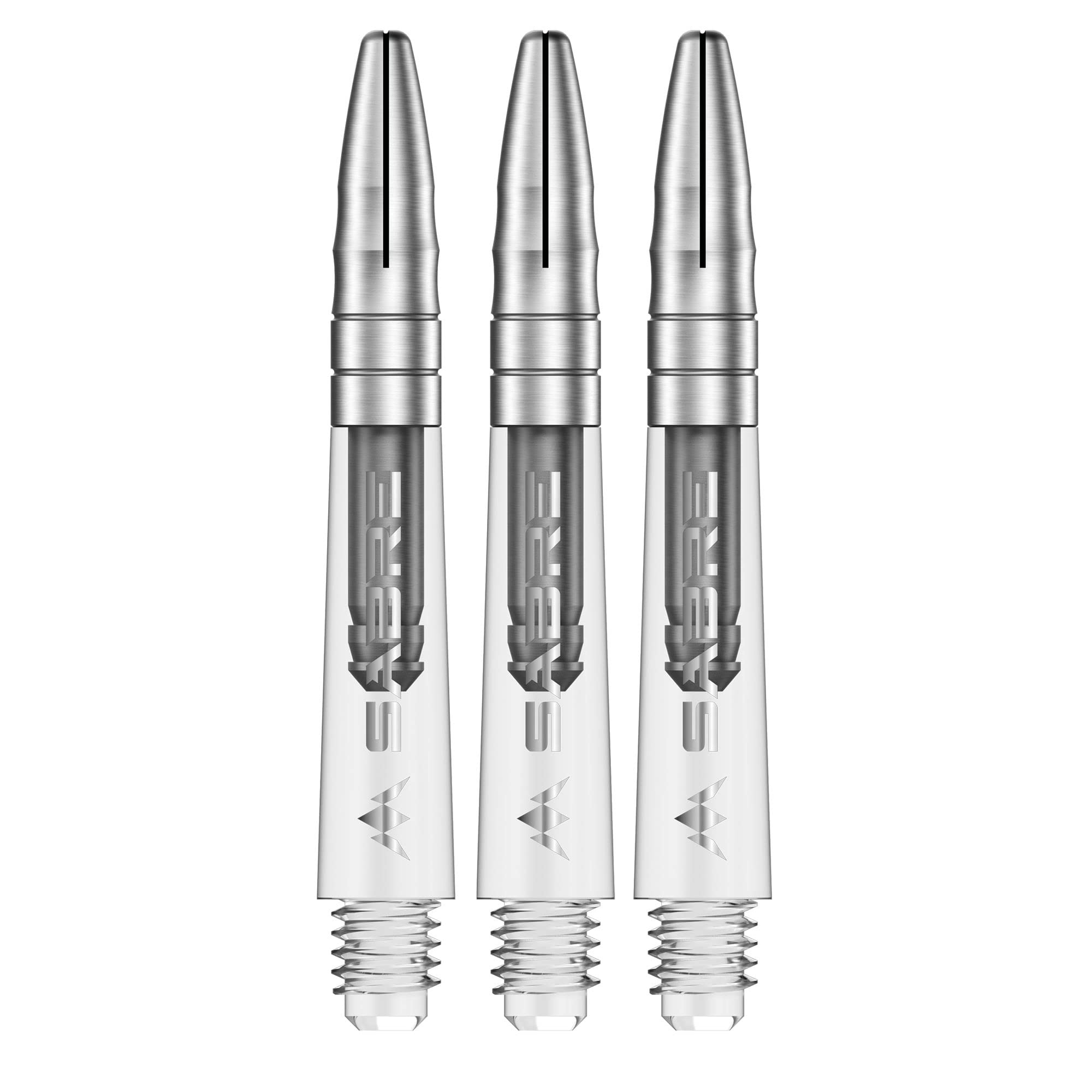 Mission Darts Sabre Shafts | Durable Clear Polycarbonate Stems with Coloured Aluminium Top | 5 Sets of 3 Shafts | Silver | Short (S1541)