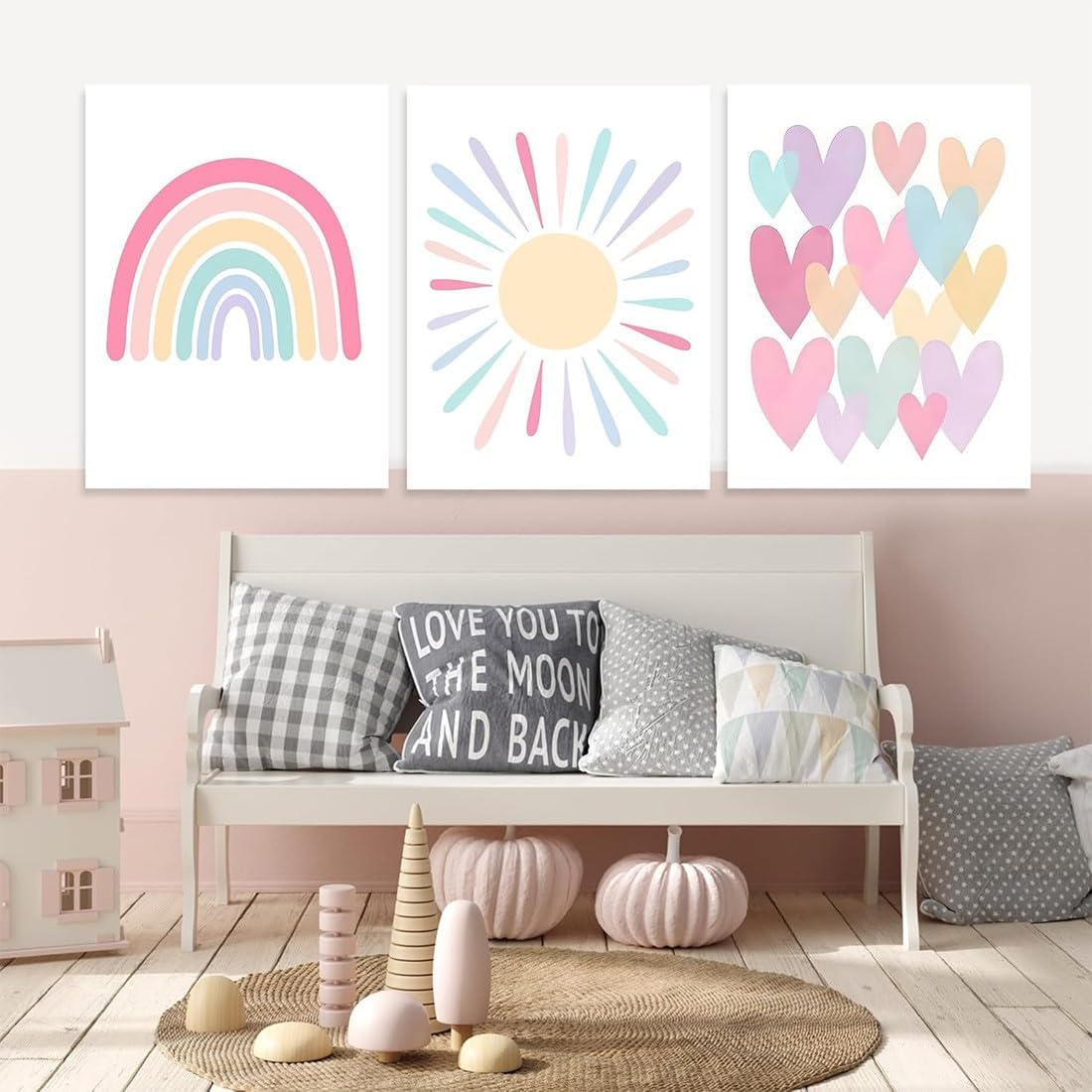 COYUN Juego de 3 pósteres para habitación infantil, decoración de pared, Decoracion Habitacion Bebe, Laminas Decorativas, Arcoiris, Sol, Amar Cuadros de Niña para Habitación Infantil，A4(sin Marco)