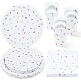 ZVK Paper Plates Dessert Plates Paper Cups Napkins 96 Pieces Party Tableware Set Dot Colorful Table Decoration for Birthday Children's Birthday Party for 24 Guests