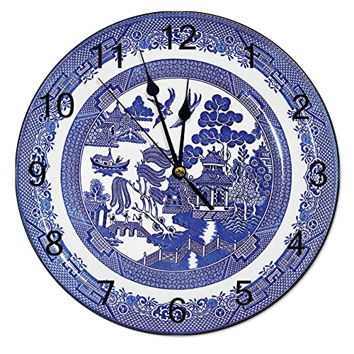 Godblessign Blue Delft Porcelain Background Wall Clock Farmhouse Kitchen Decor Silent Non-Ticking Wooden Wall Clocks Battery Operated Rustic Decorative For Bedroom Bathroom Living Room 10 Inch #TOP2