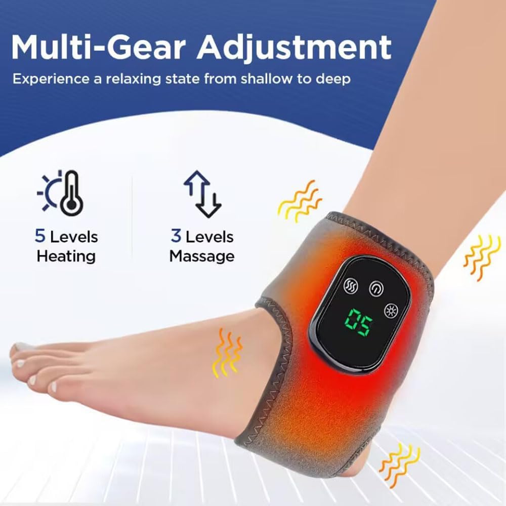 Graphic showing 'Multi-Gear Adjustment' with icons for 5 levels of heating and 3 levels of massage, indicating a relaxing experience.